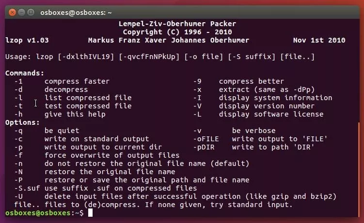Imagen: Menú de inicio de lzop en la interfaz de línea de comandos de Ubuntu