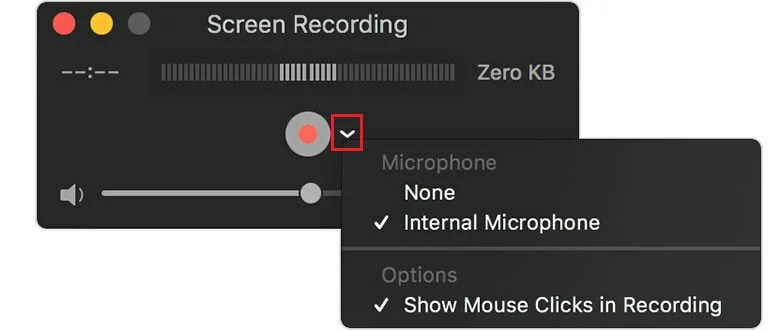 Imagen: Opciones de grabación de pantalla de QuickTime Player