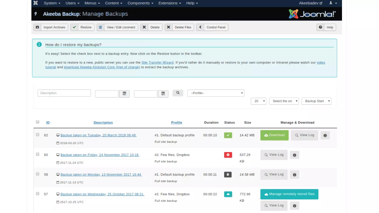 Imagen: Captura de una lista de distintas copias de seguridad en el Akeeba Backup Manager
