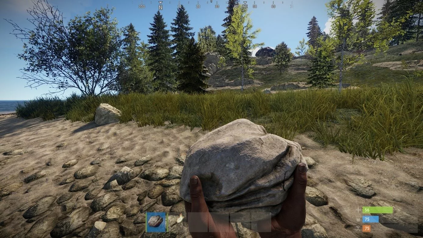 Imagen: Captura de pantalla de Rust: entrada del juego con piedra y antorcha